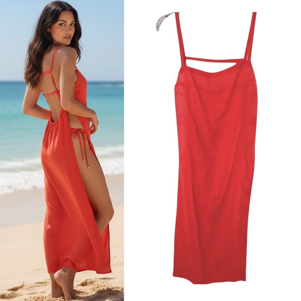 Anthropologie Celandine Linen Blend Maxi Dress Cover Up Red XS Cutout Ring NWT
